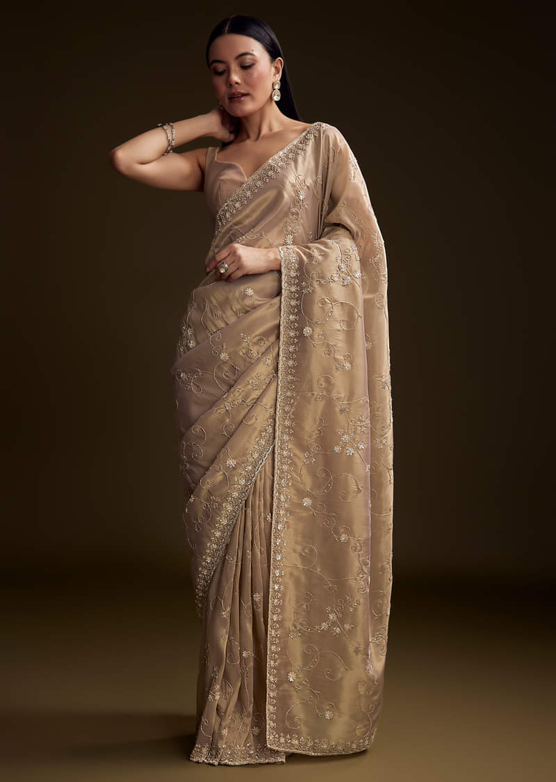 Copper Tissue Saree With Heavy Floral Hand Embroidery