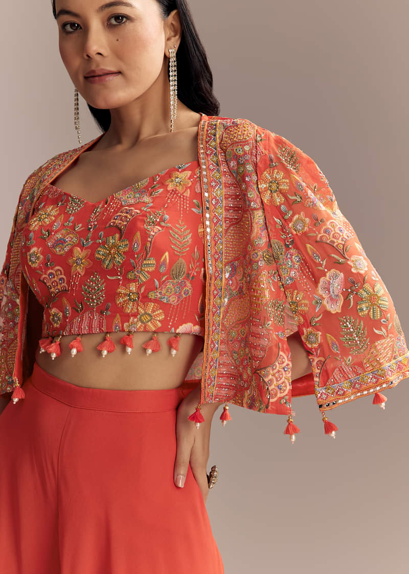 Coral Georgette Crop Top And Palazzo Set With Embroidered Cape