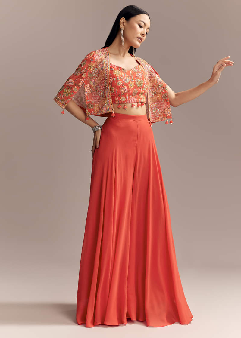 Coral Georgette Crop Top And Palazzo Set With Embroidered Cape