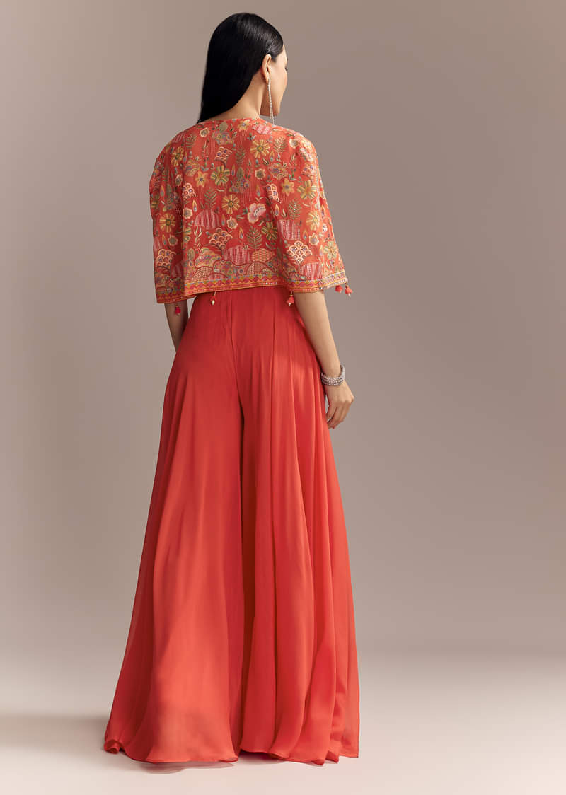 Coral Georgette Crop Top And Palazzo Set With Embroidered Cape