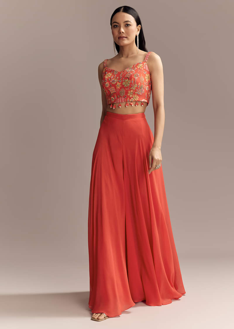 Coral Georgette Crop Top And Palazzo Set With Embroidered Cape