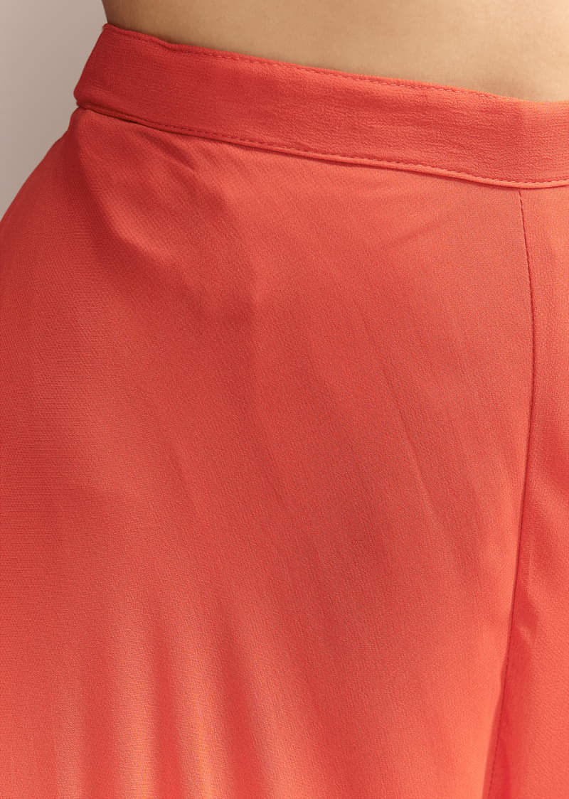 Coral Georgette Crop Top And Palazzo Set With Embroidered Cape