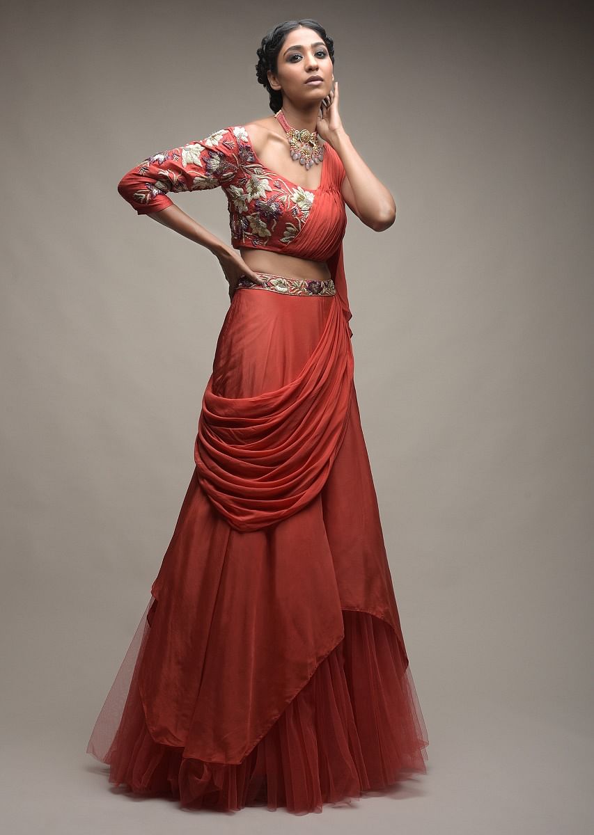 Buy Coral Lehenga And One Shoulder Choli With Hand Embroidered Cut Dana Work And Attached Drape Online Kalki Fashion