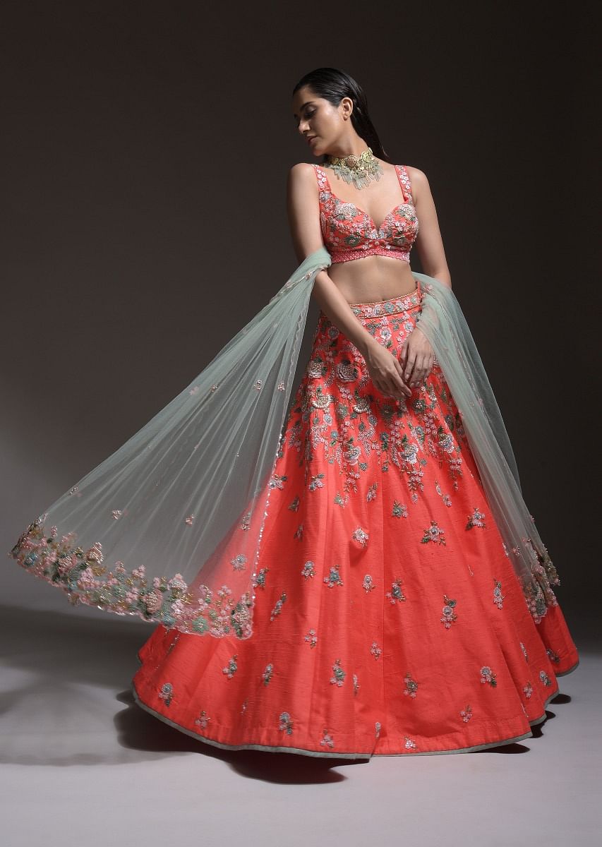 Buy Coral Lehenga Choli With 3D Resham Flowers And Sequins Embroidered Summer Blossoms Online Kalki Fashion