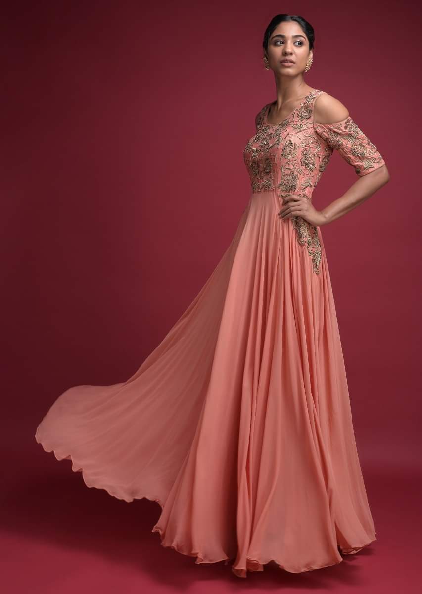 Buy Coral Peach Indowestern A Line Gown In Georgette With Cold Shoulder Sleeves KALKI Fashion India