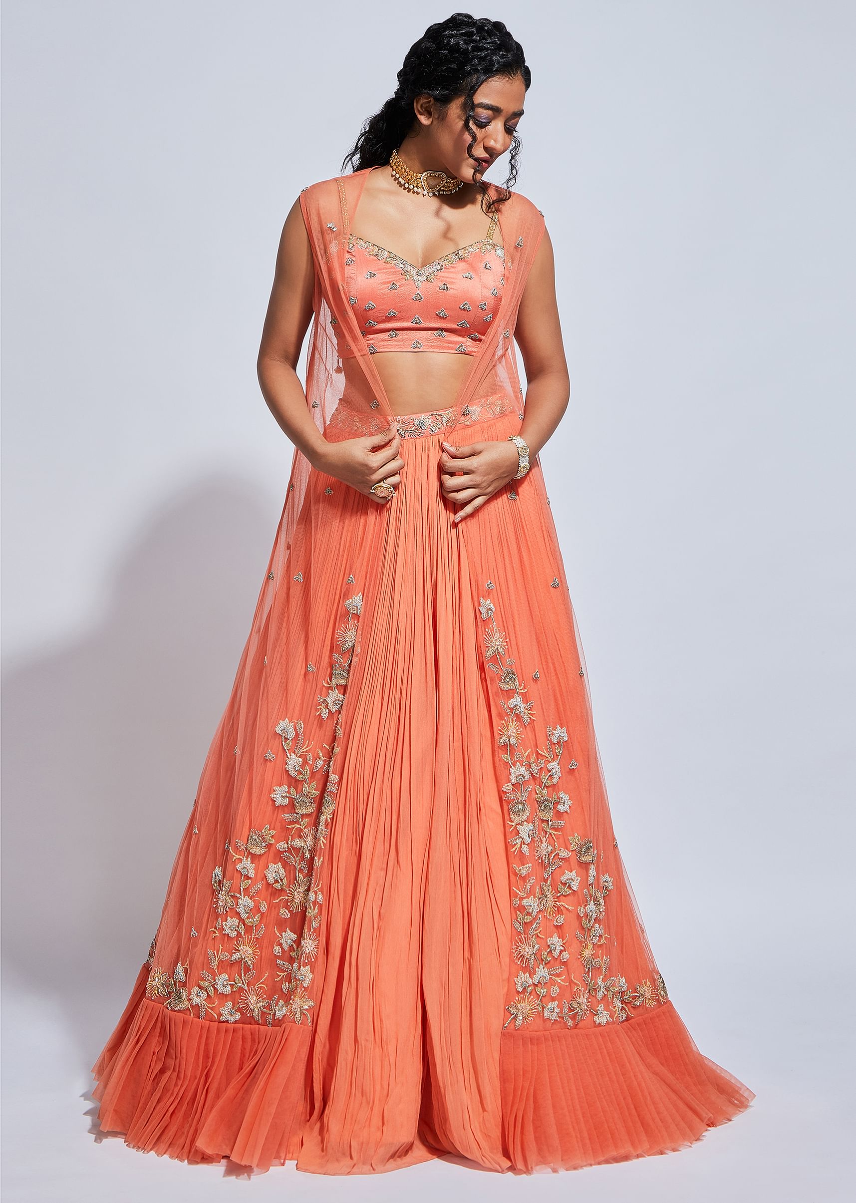 Buy Coral Skirt And Crop Top Set With Floral Embroidered Jacket Having A Frill On The Hem Online Kalki Fashion