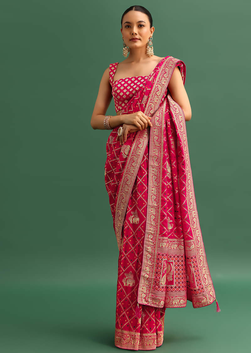 Coral Khaddi Georgette Saree With Zari Jaal Bandhani Weave And Unstitched Blouse