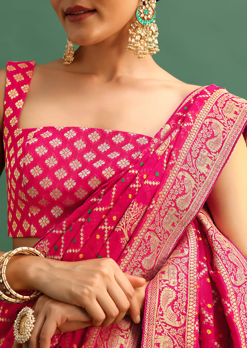 Coral Khaddi Georgette Saree With Zari Jaal Bandhani Weave And Unstitched Blouse