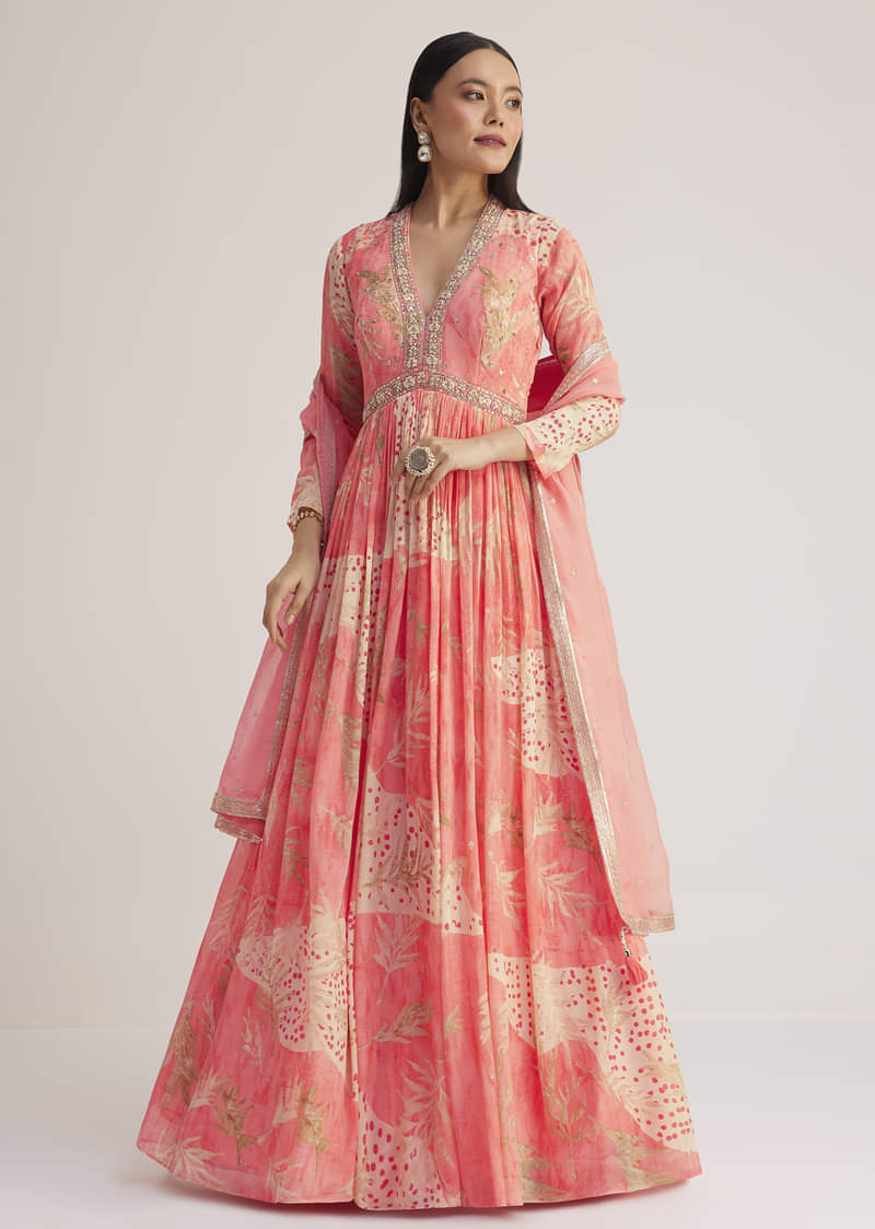 Coral Pink Printed Anarkali With Organza Dupatta