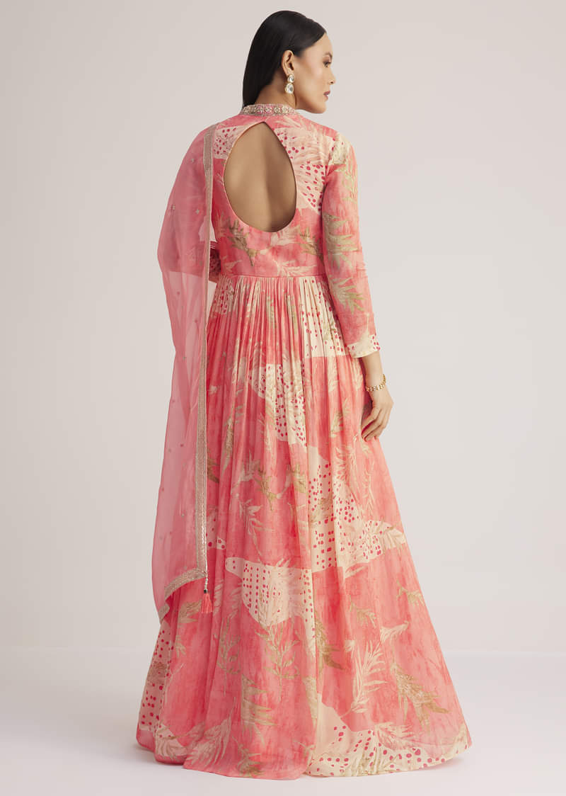 Coral Pink Printed Anarkali With Organza Dupatta