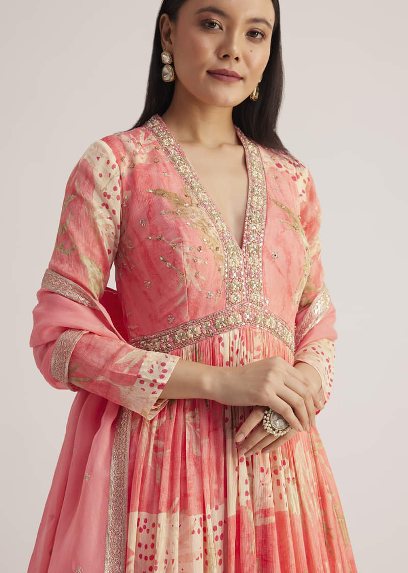 Coral Pink Printed Anarkali With Organza Dupatta
