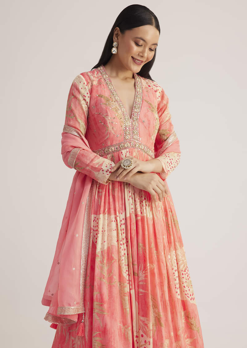 Coral Pink Printed Anarkali With Organza Dupatta
