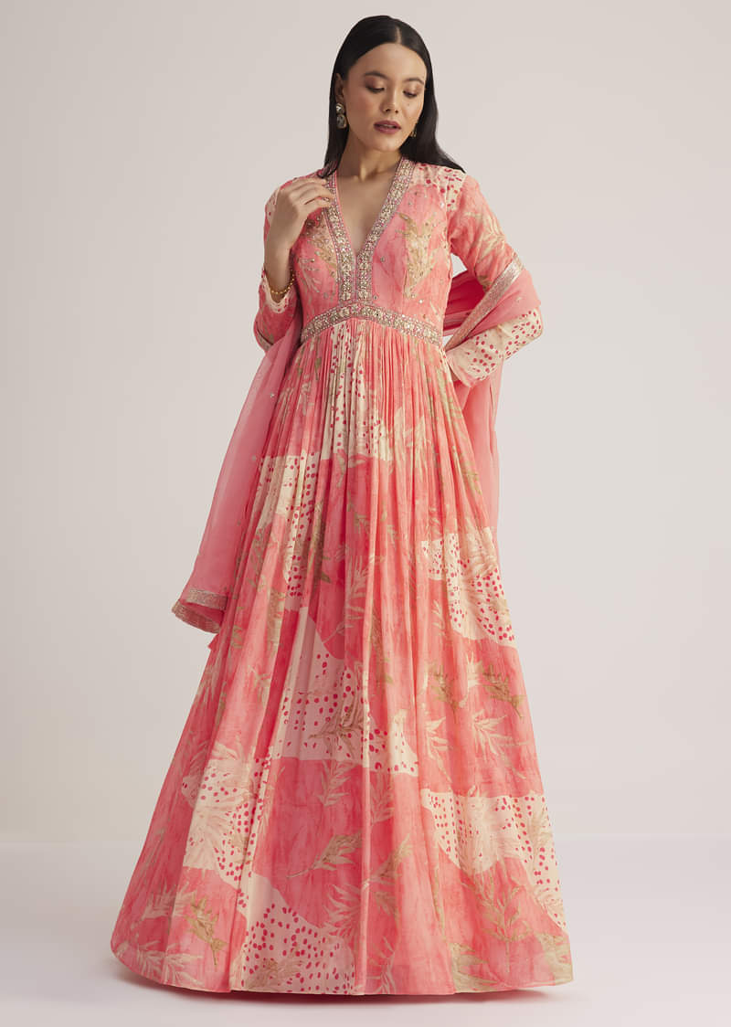 Coral Pink Printed Anarkali With Organza Dupatta