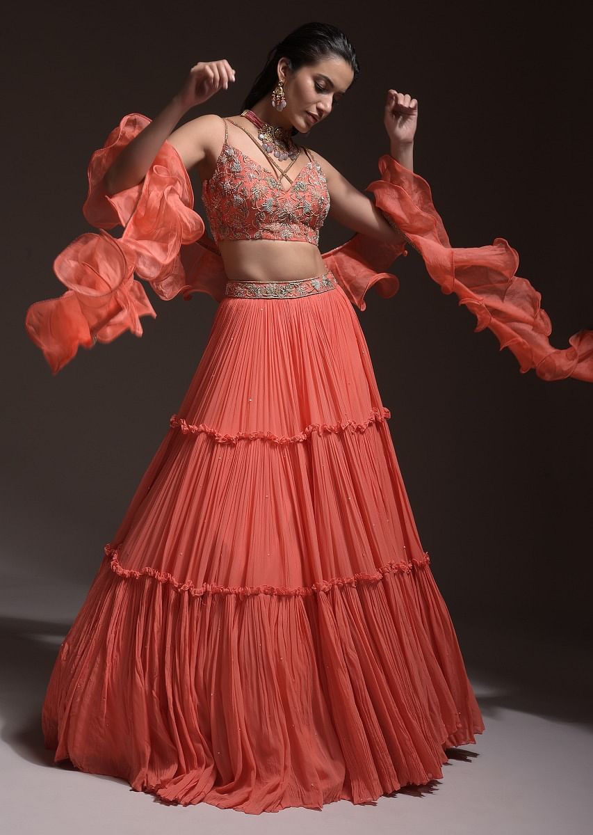 Buy Meghna Kaur In Kalki Coral Tiered Skirt And Crop Top With Cutdana Embellished Floral Blossoms And Ruffle Dupatta KALKI Fashion India