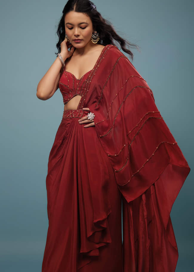 Burnt Red Ready-Pleated Embroidered Saree