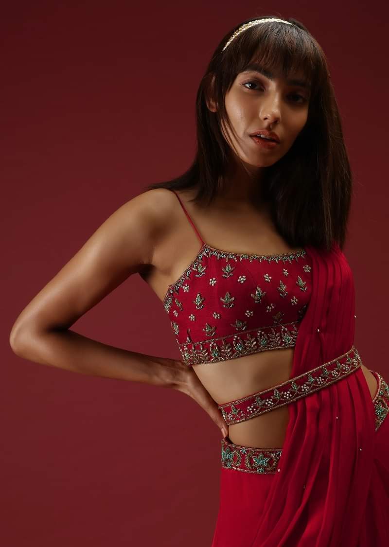 Cranberry Red Ready To Wear Saree With A Multicolored Hand Embroidered Blouse And Belt