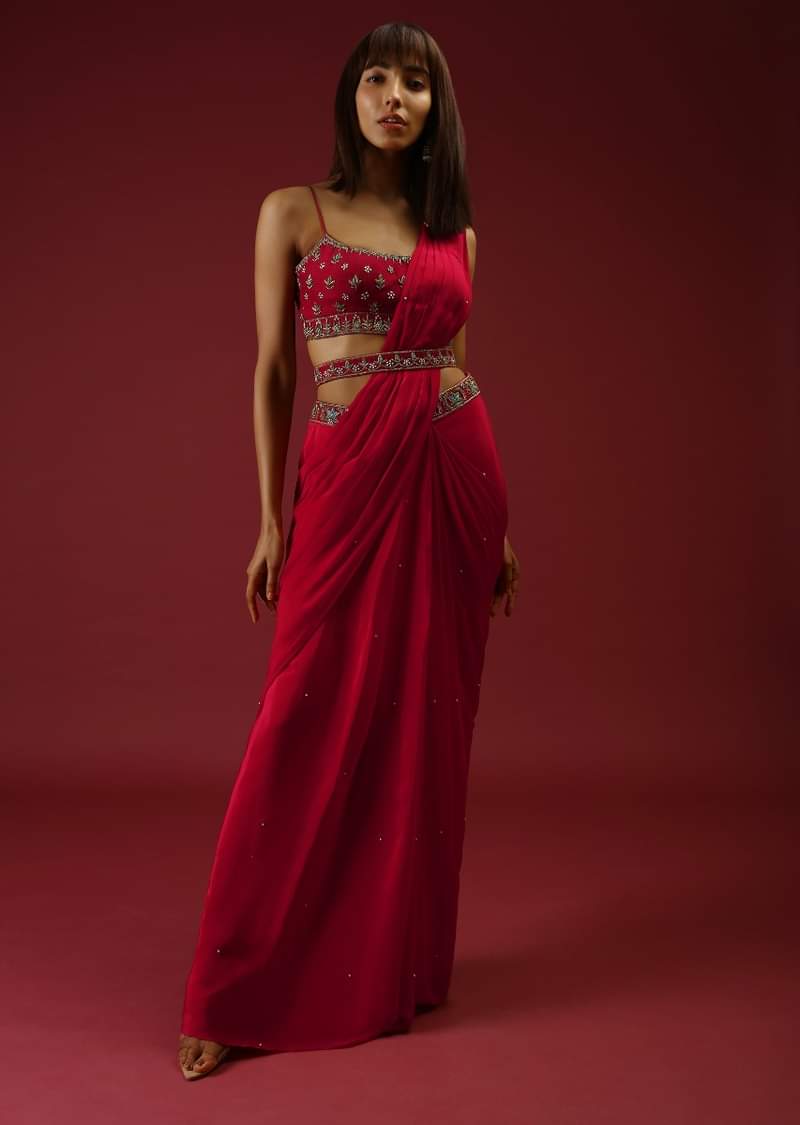 Cranberry Red Ready To Wear Saree With A Multicolored Hand Embroidered Blouse And Belt
