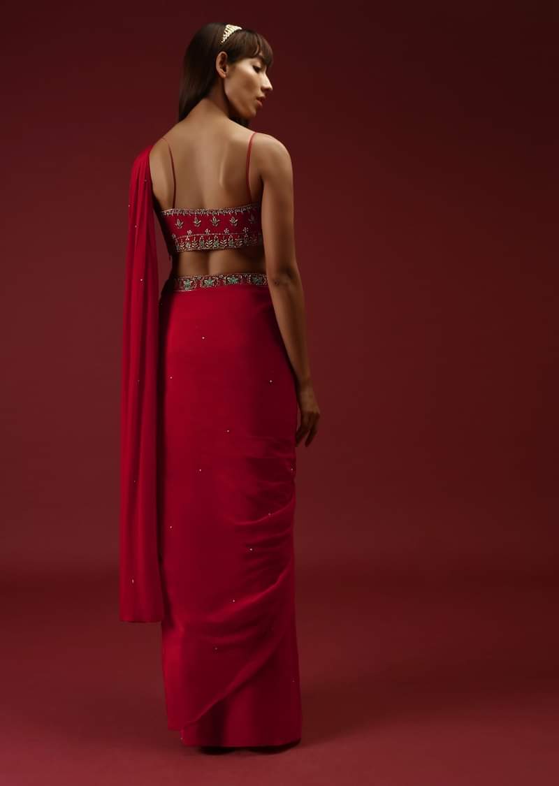 Cranberry Red Ready To Wear Saree With A Multicolored Hand Embroidered Blouse And Belt
