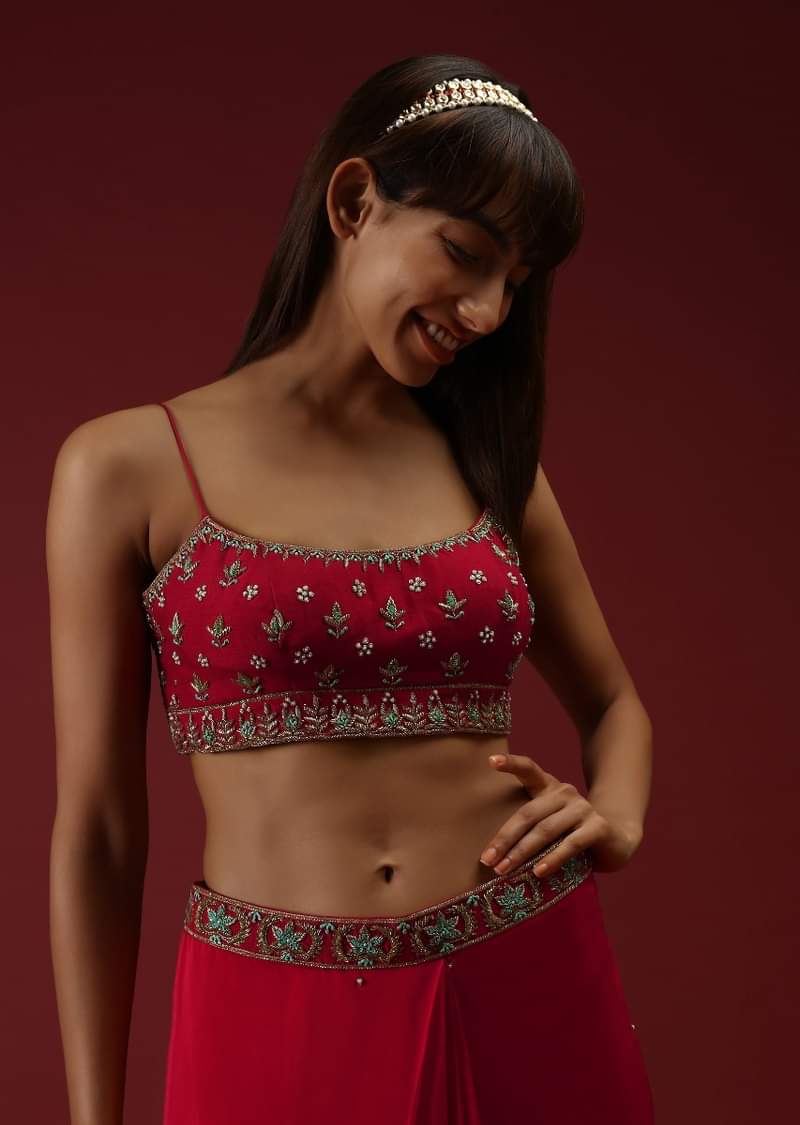 Cranberry Red Ready To Wear Saree With A Multicolored Hand Embroidered Blouse And Belt