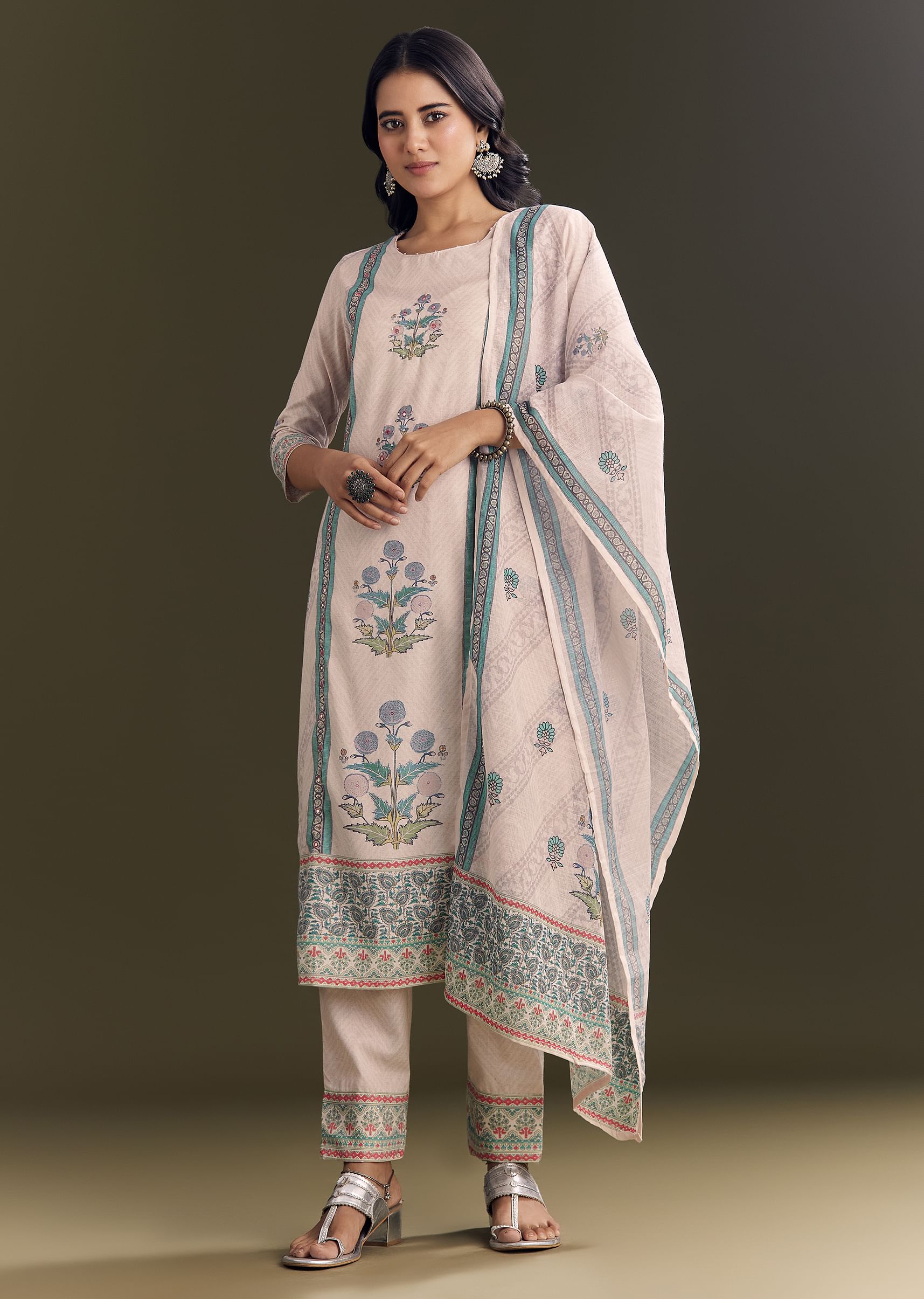 Buy Cream Cotton Block Print Kurta Pant With Dupatta
