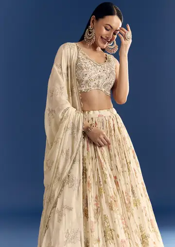Cream Organza Lehenga Set With Zardosi Choli And Sequins Dupatta