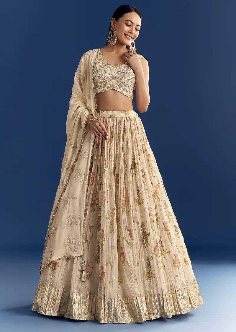 Cream Organza Lehenga Set With Zardosi Choli And Sequins Dupatta