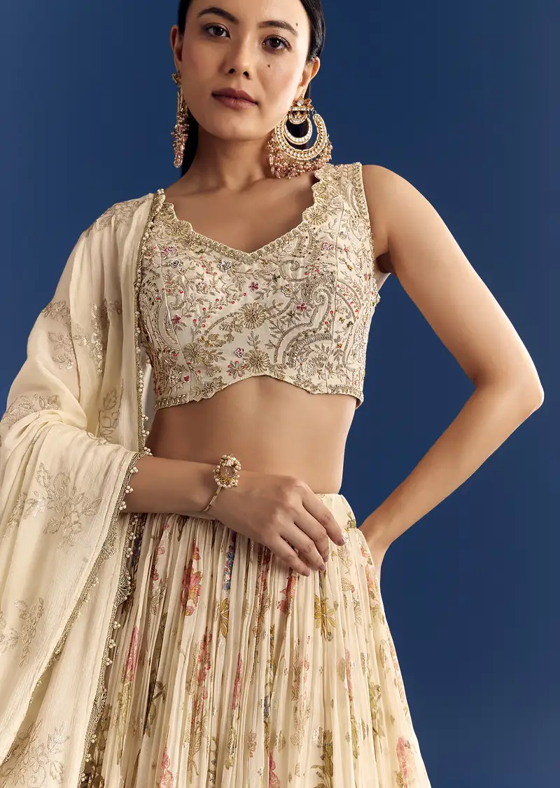 Cream Organza Lehenga Set With Zardosi Choli And Sequins Dupatta