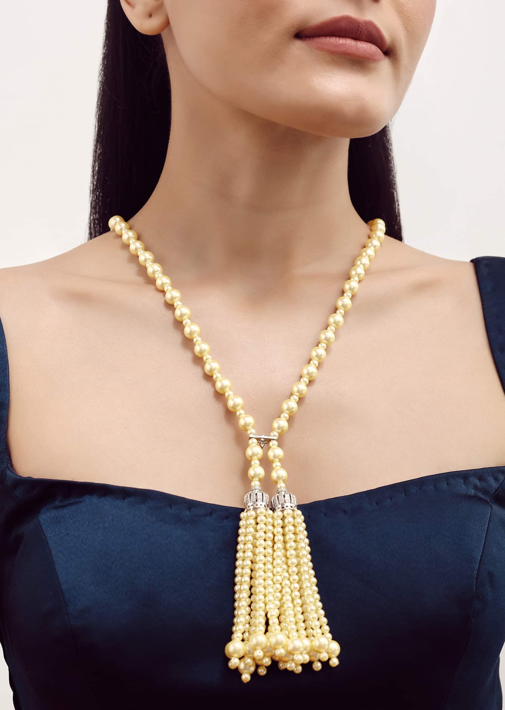 Buy Cream And Silver Pearl Necklace With Pearl Tassel Kalki Fashion Global