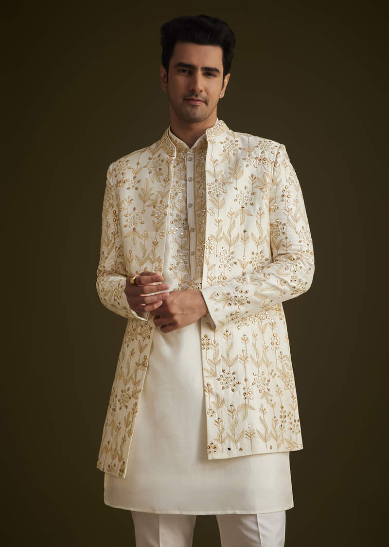 Cream Embroidered Sherwani Set