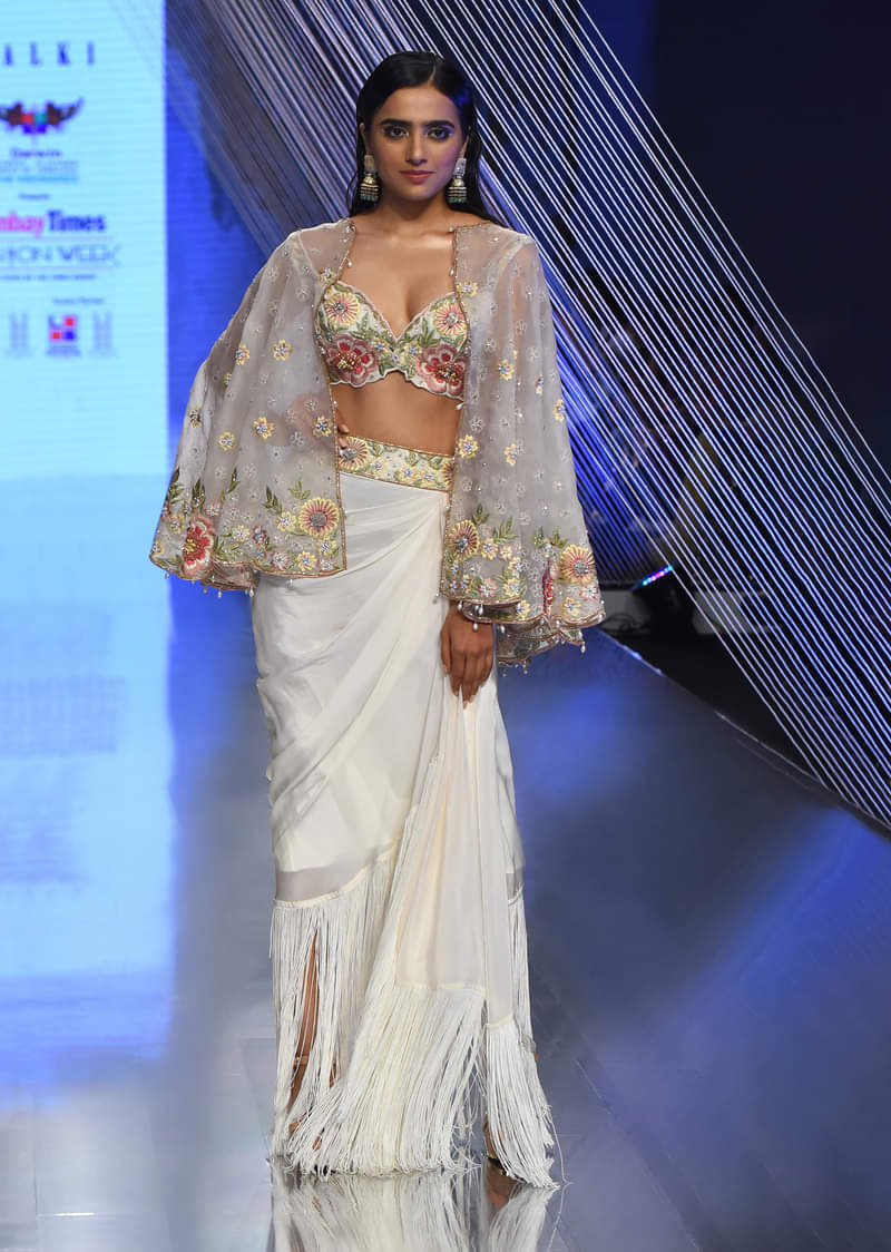 Cream White Ready Tp Wear Saree With Floral Hand Work On The Blouse