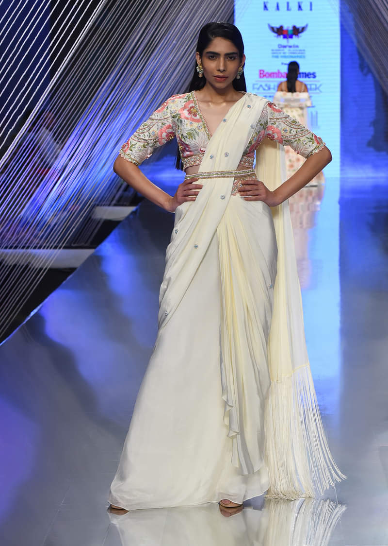 Cream White Ready Tp Wear Saree With Floral Hand Work On The Blouse