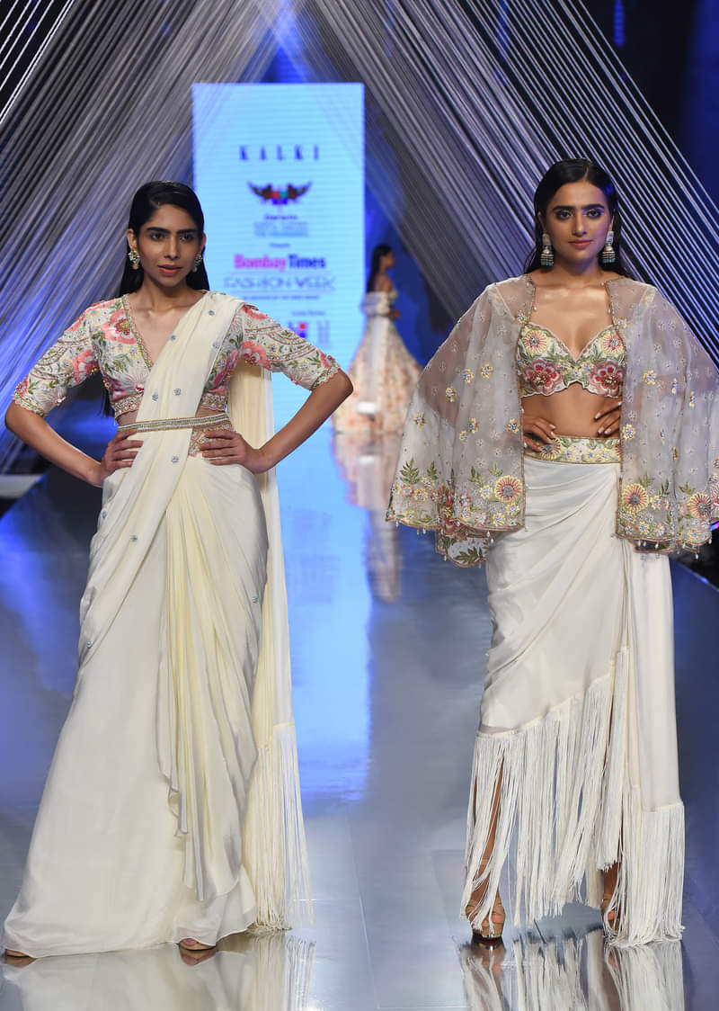 Cream White Ready Tp Wear Saree With Floral Hand Work On The Blouse