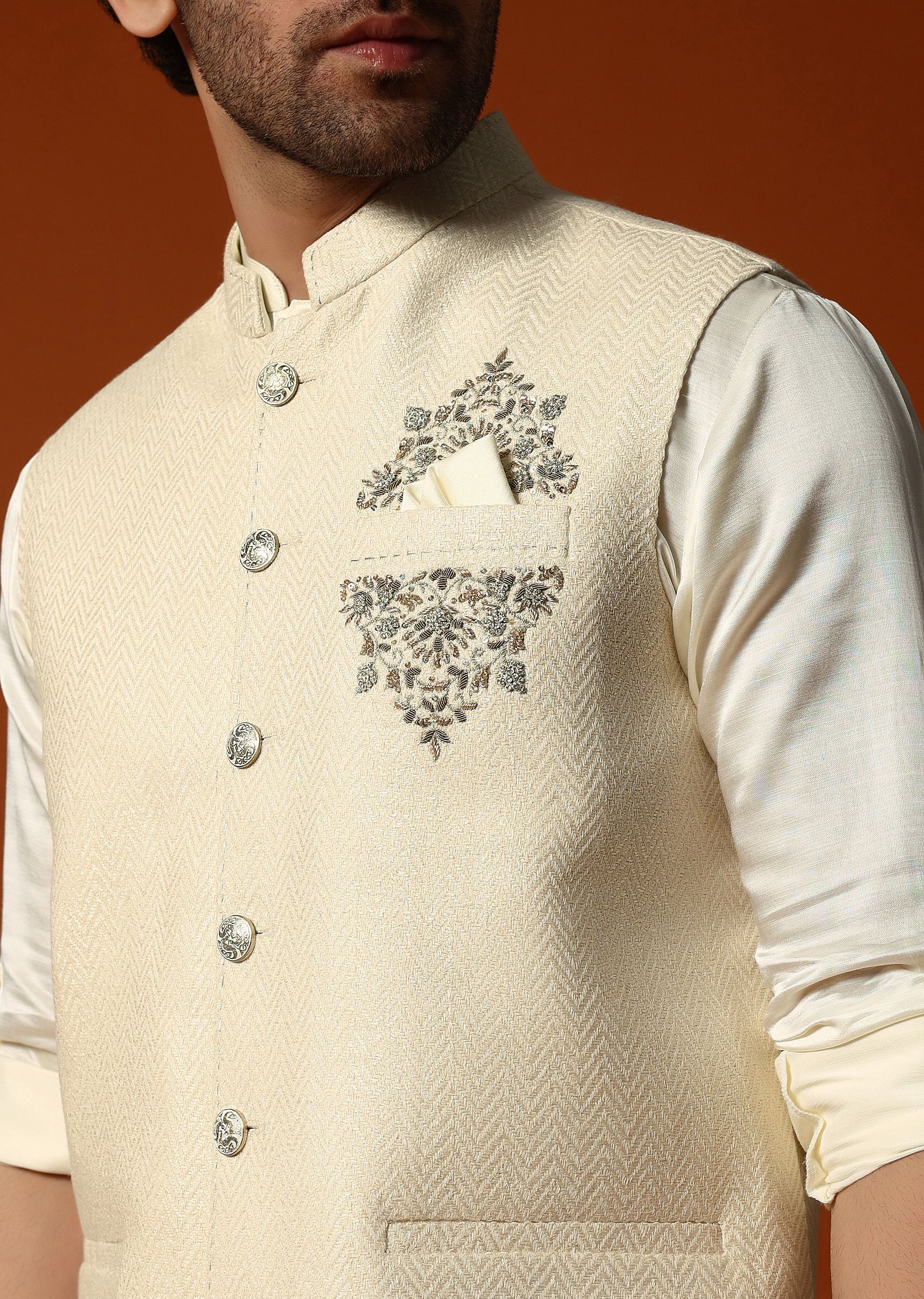 Buy Cream Silk Kurta Jacket Set For men KALKI Fashion India