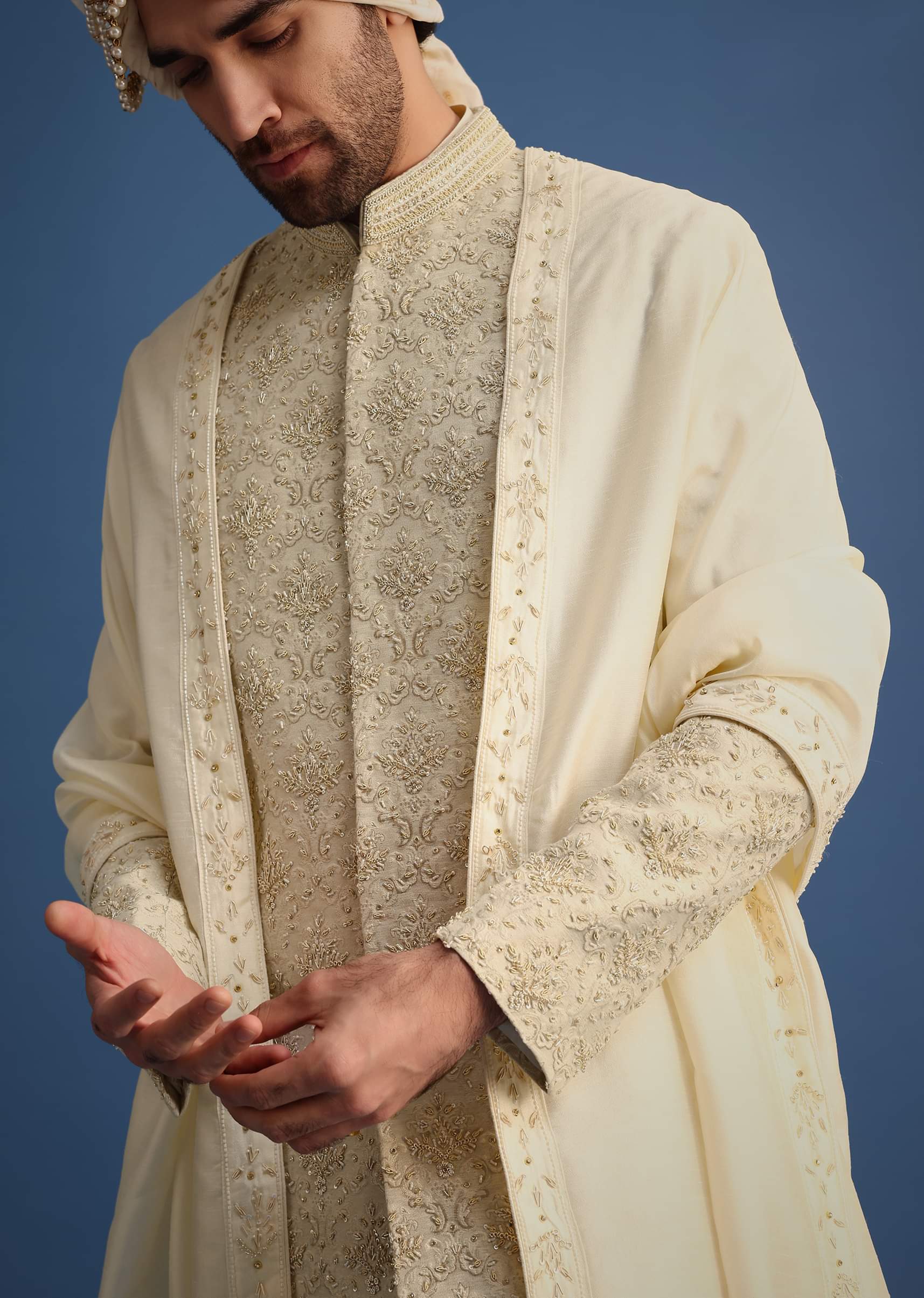 Cream silk suit best sale