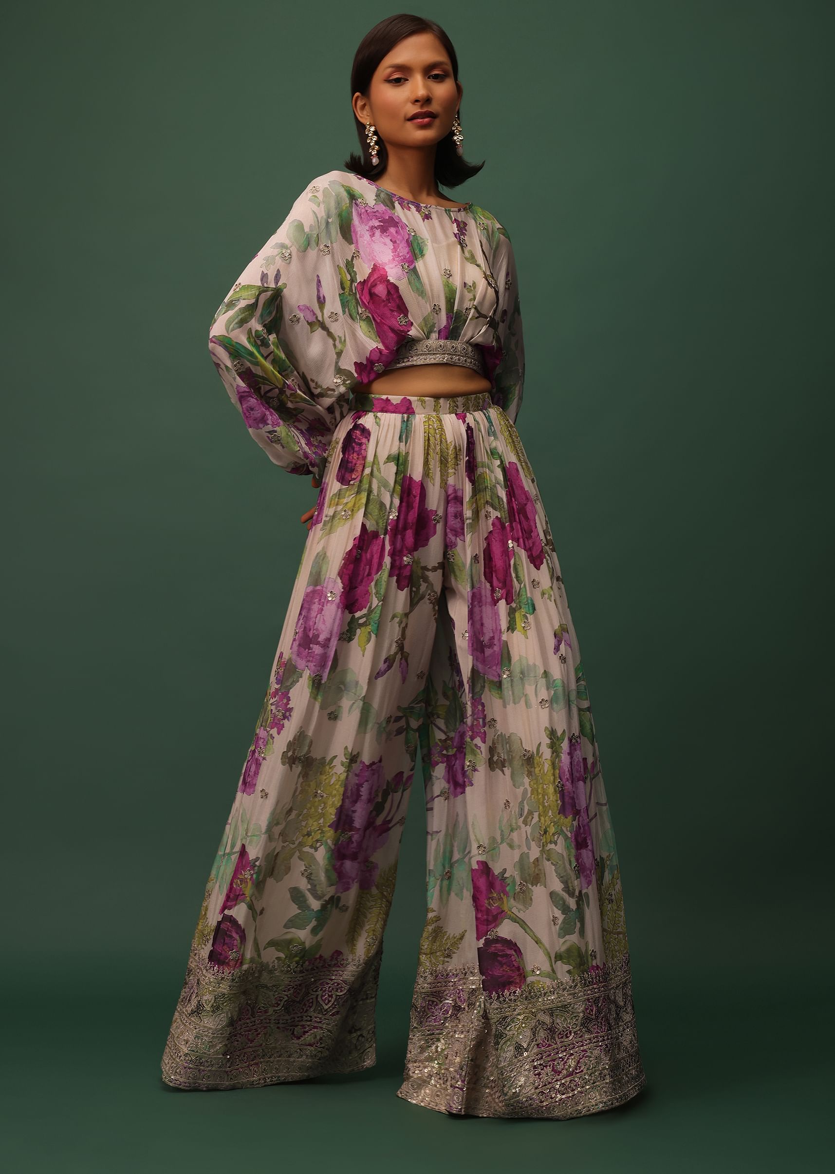 ネットで注文 Buy Cream White Floral Printed Top And Palazzo Set In Chinon トップス