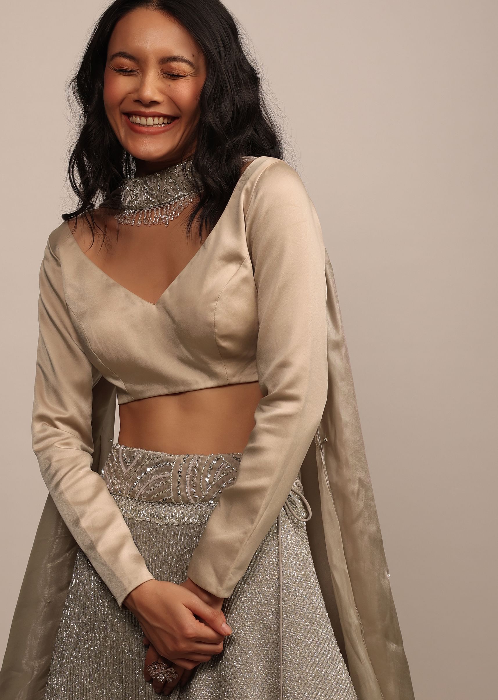 Buy Cream White Full Sleeves Blouse in Satin With Roundish V Neckline KALKI Fashion Global
