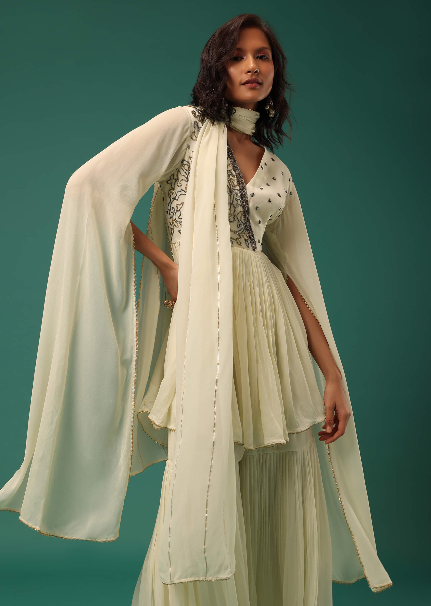 Buy Cream White Sharara Suit Set In Georgette With Fancy Sleeves