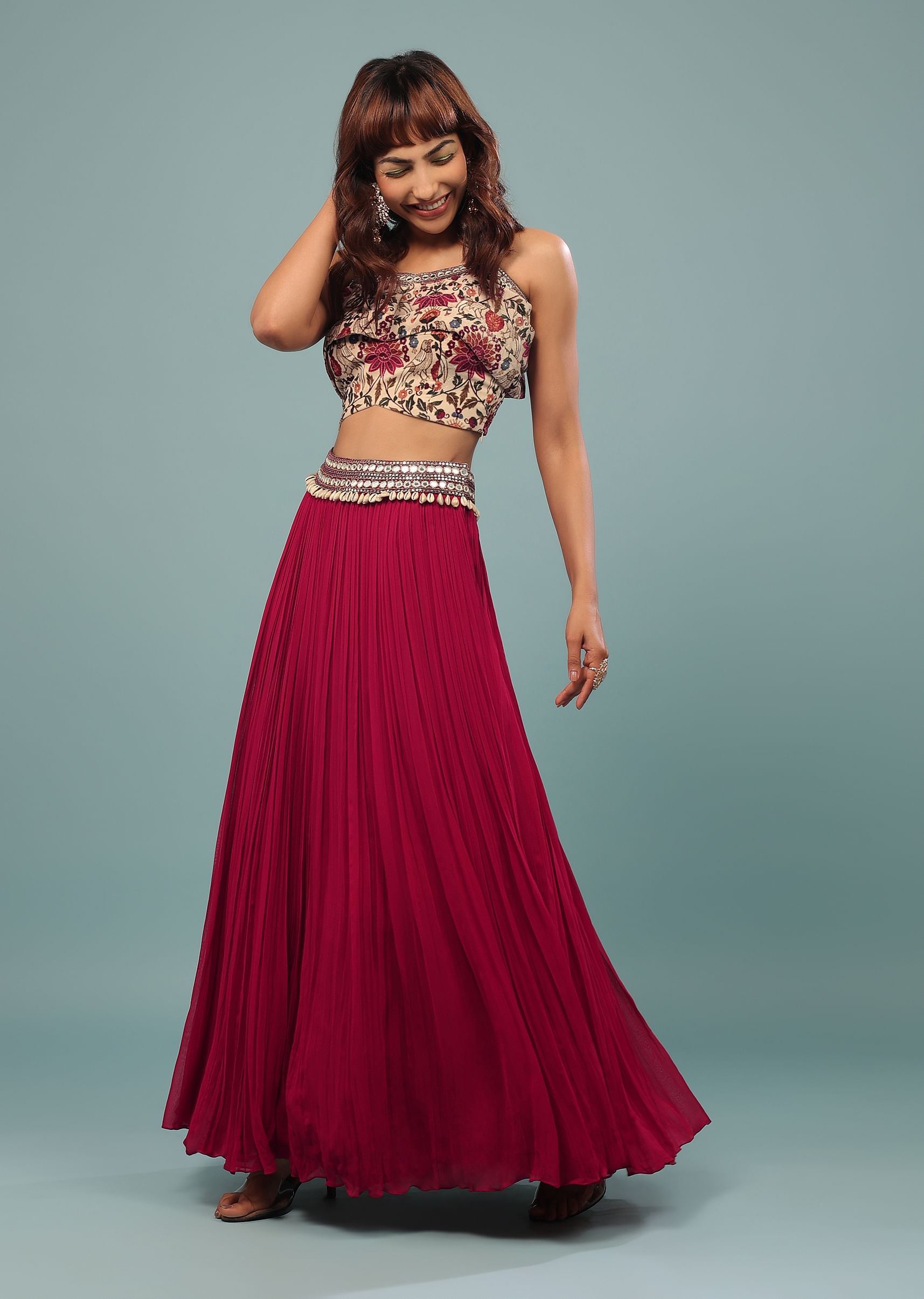 Buy Cherry Red Embroidered Skirt And Crop Top Set In Georgette