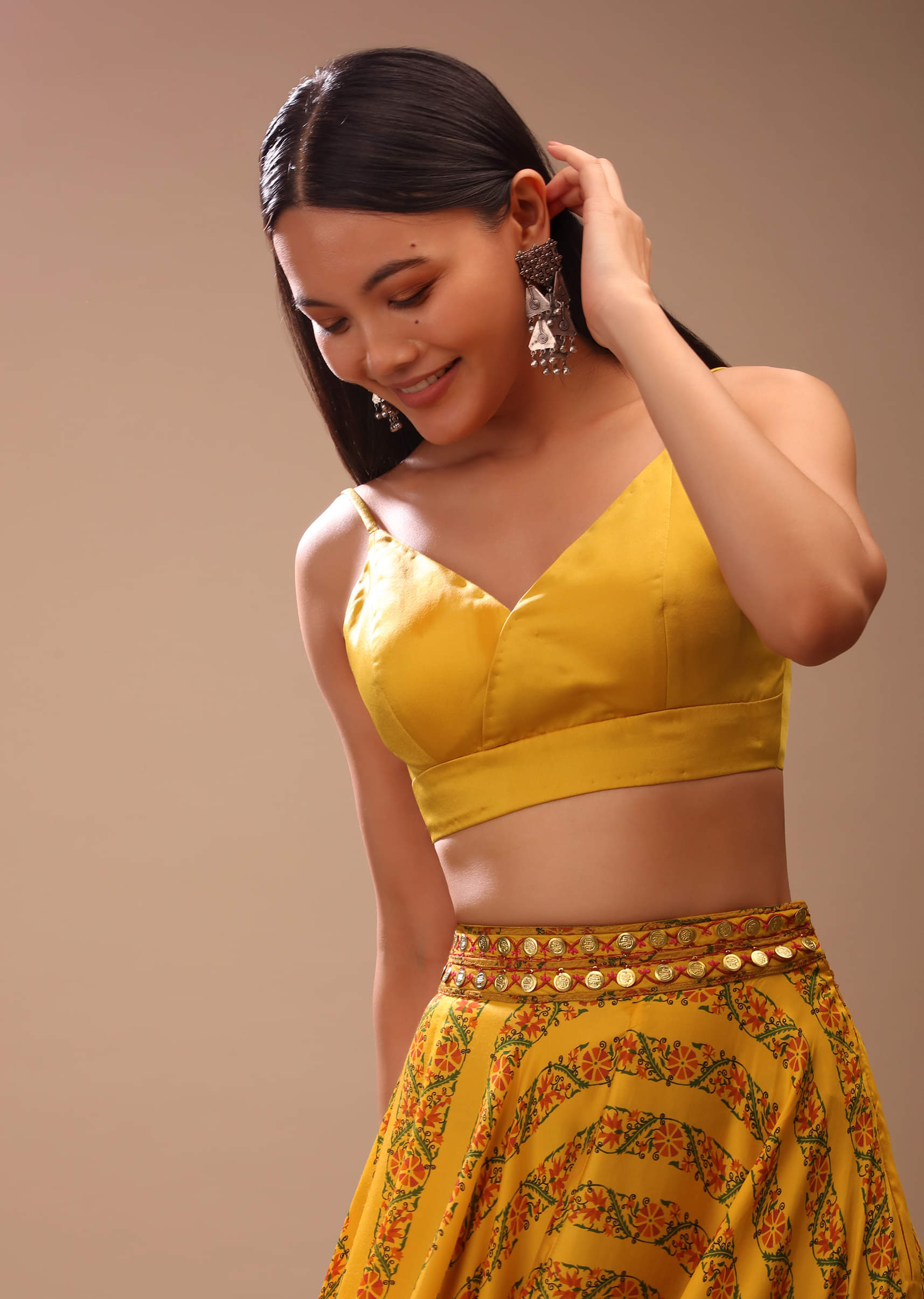 Buy Amber Yellow Blouse In Satin With Strap Sleeves And