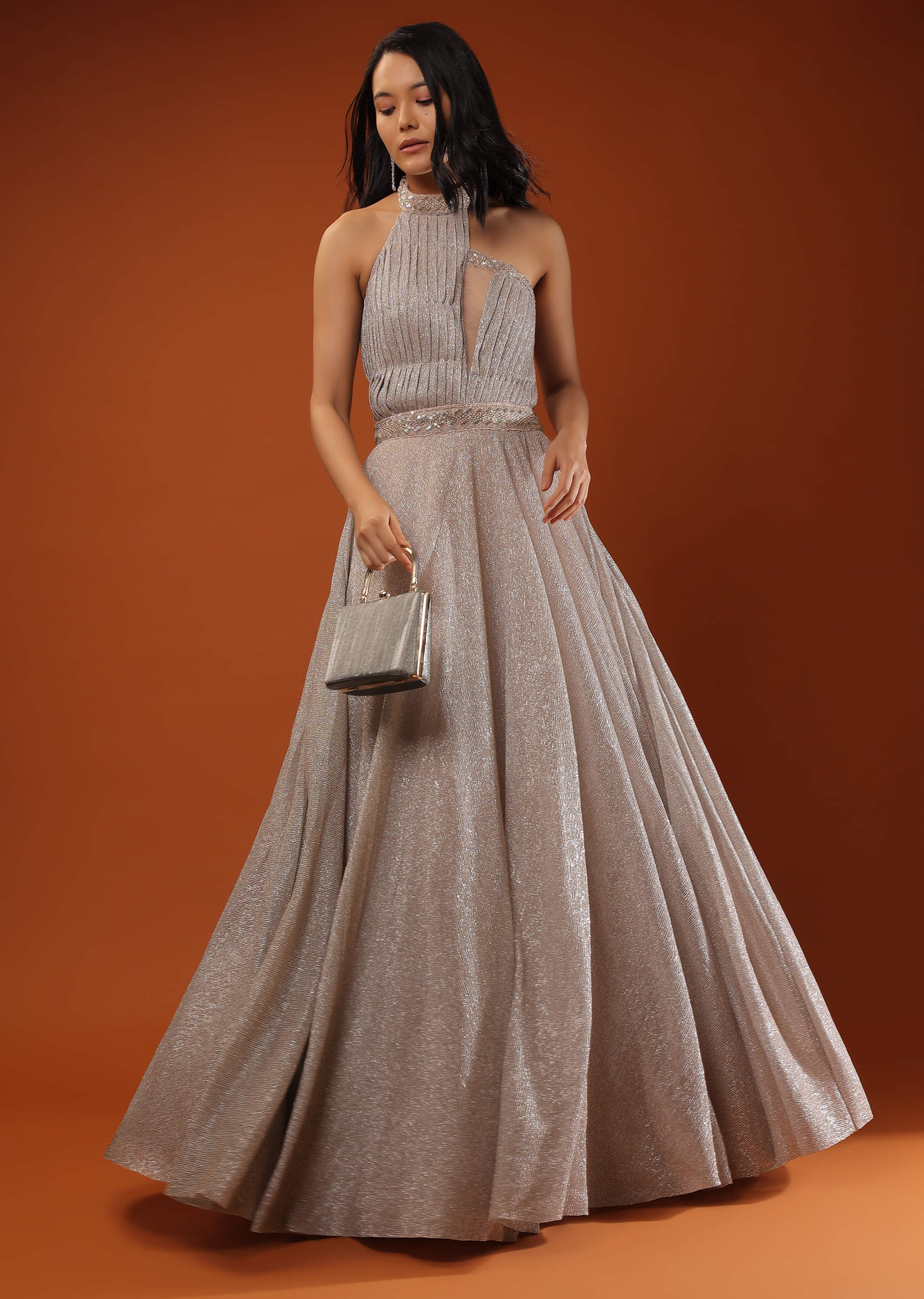 Buy Champagne Gown In Shimmer Crush Fabric With Halter