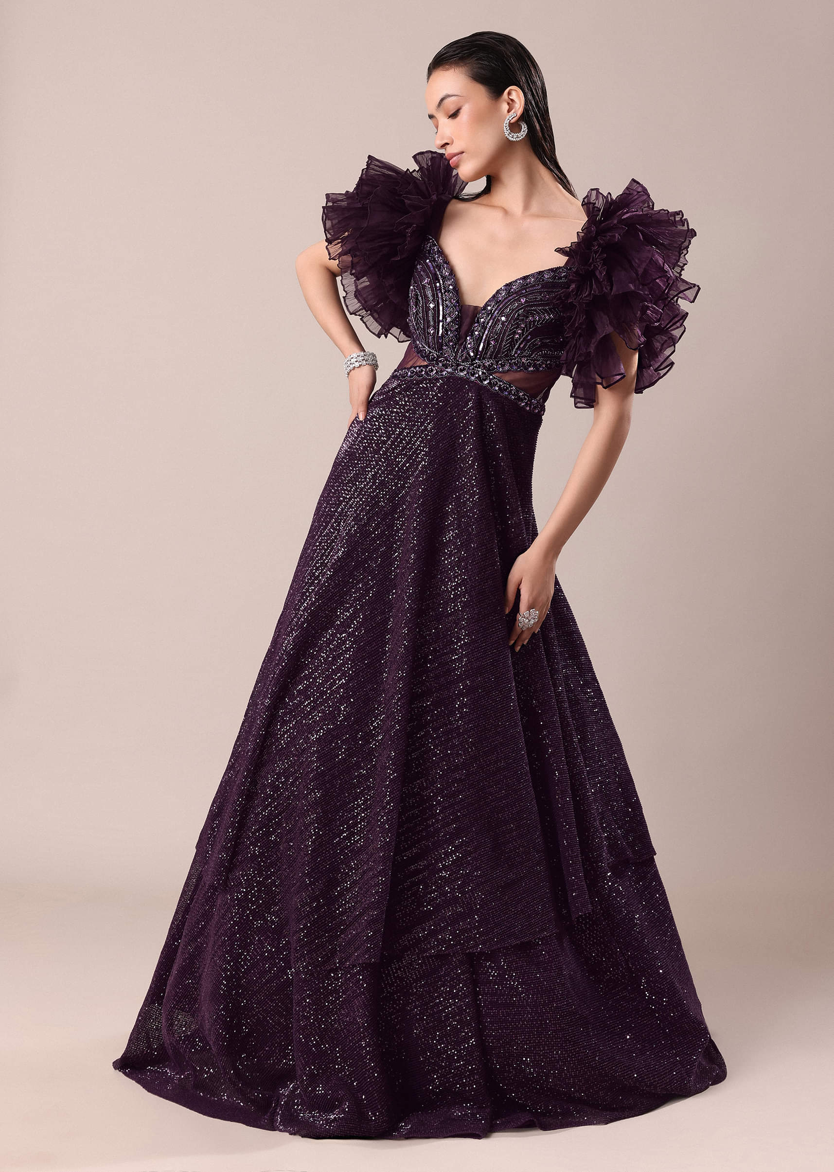 Buy Dark Purple Hand Embroidered Ruffle Sleeve Gown KALKI
