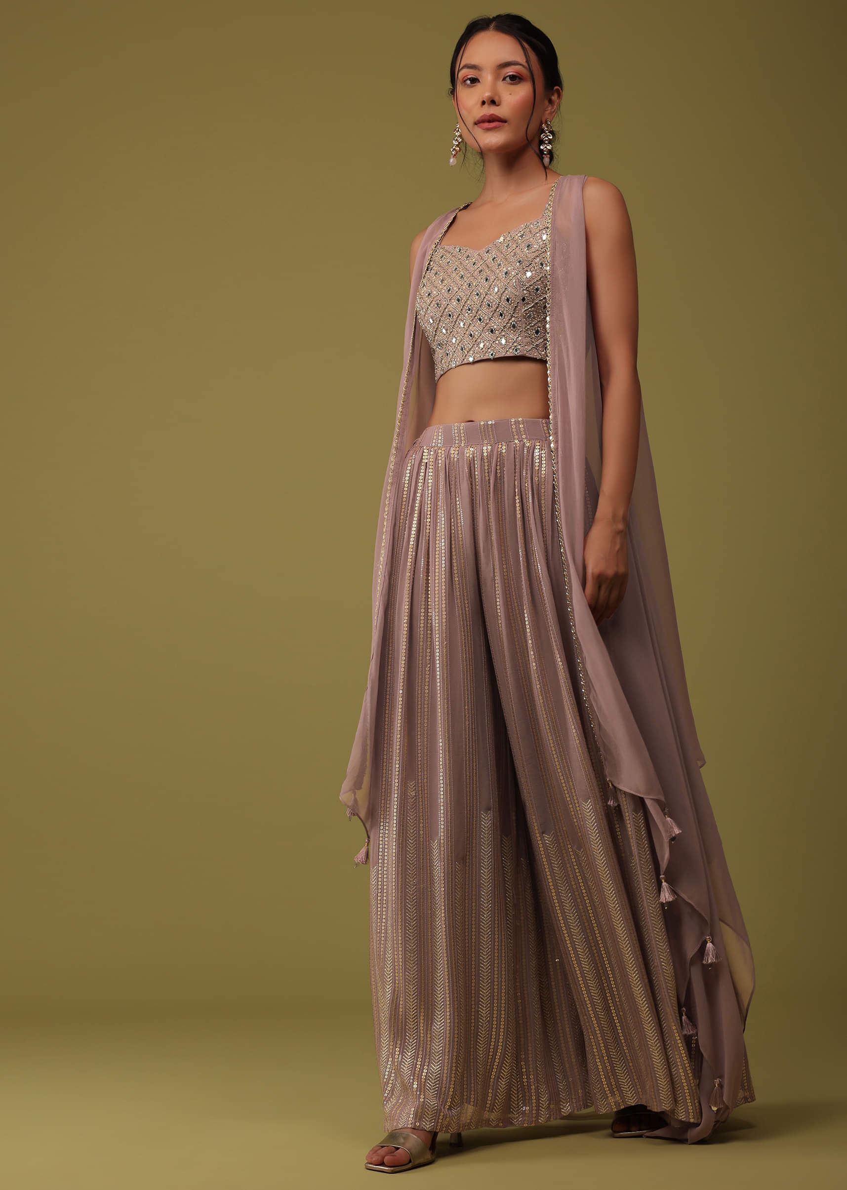 Buy Dusty Pink Mirror Embellished Crop Top And Palazzo Set