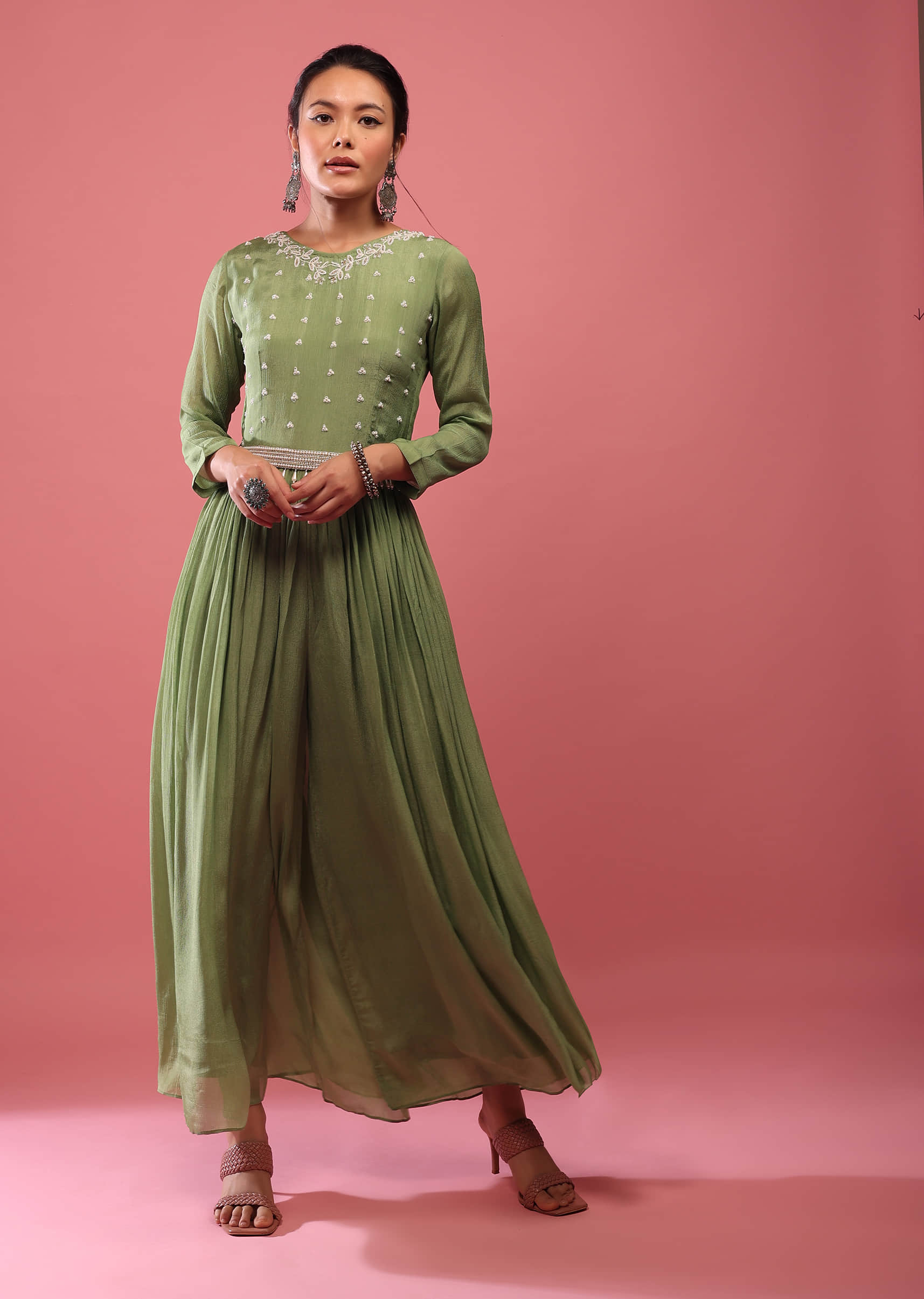 Ameri und calla flocky dress グリーン Mサイズ und calla flocky