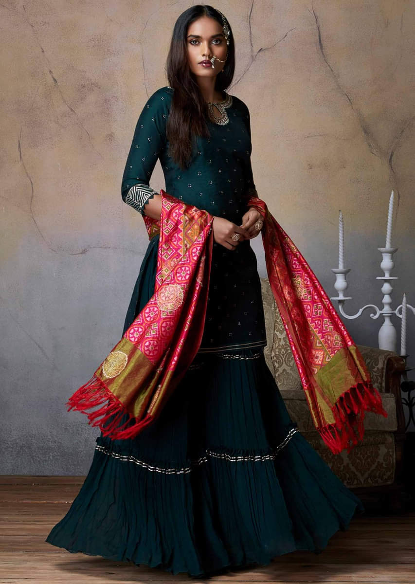 Buy Forest Green Sharara Suit With Badla Work And Magenta