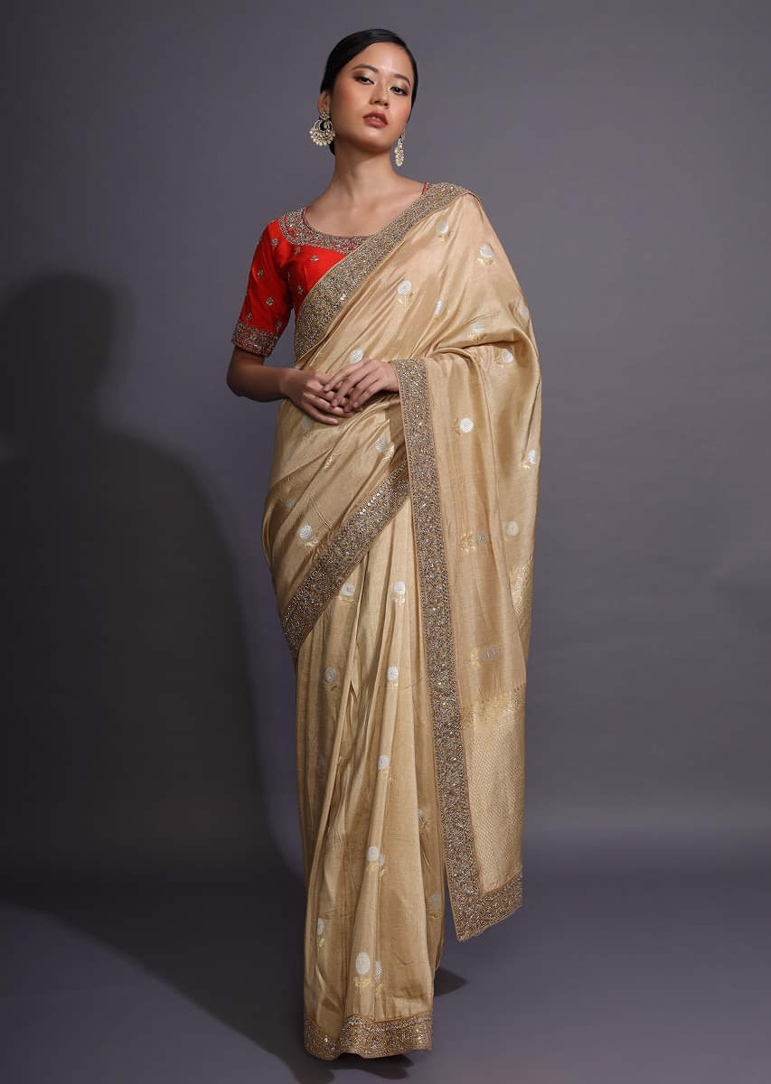 sari Buy Gold Beige Saree In Silk With Weaved Buttis And Zardozi