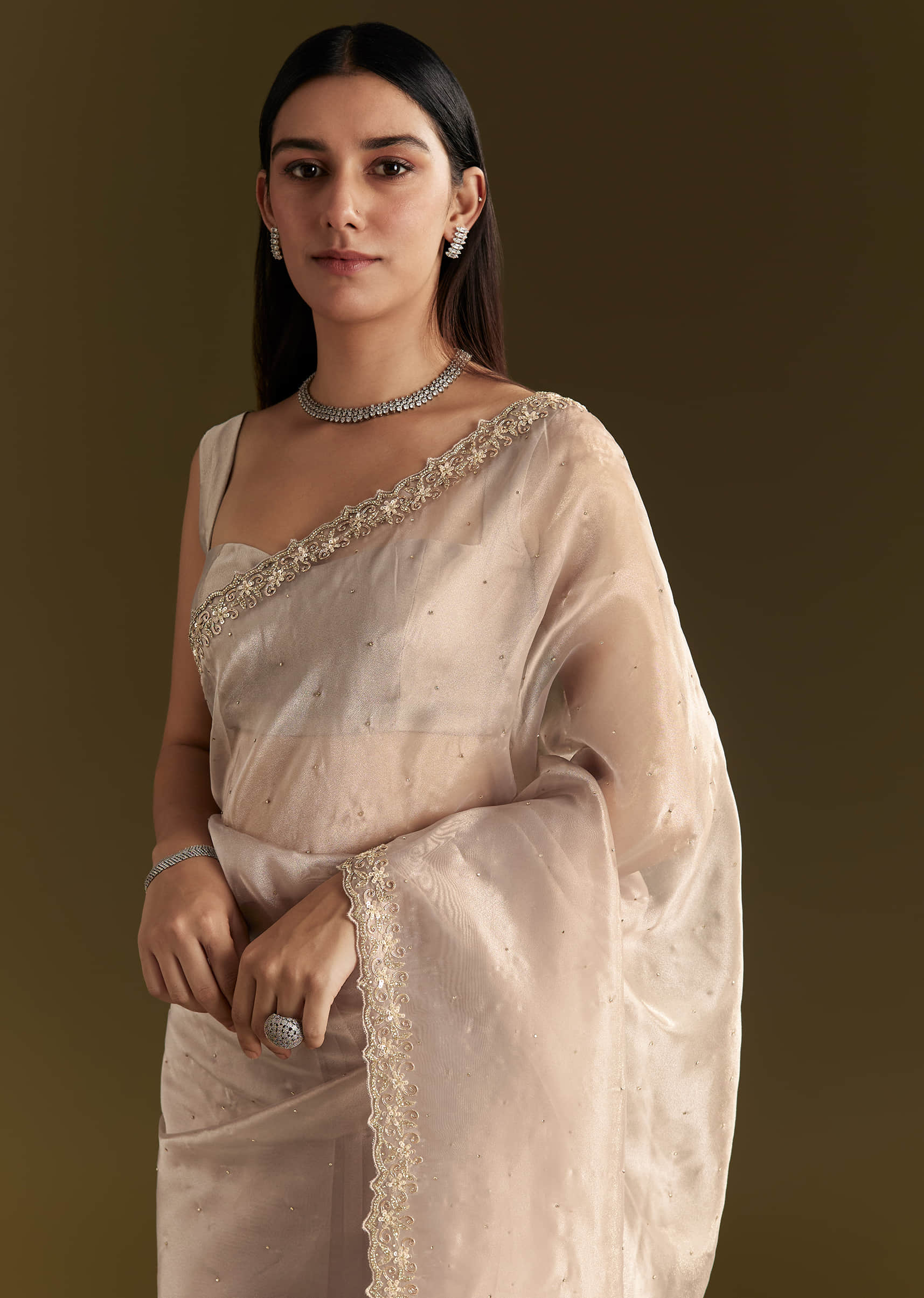 Buy Grey Organza Saree With Elegant Embroidery Work KALKI - Main Image