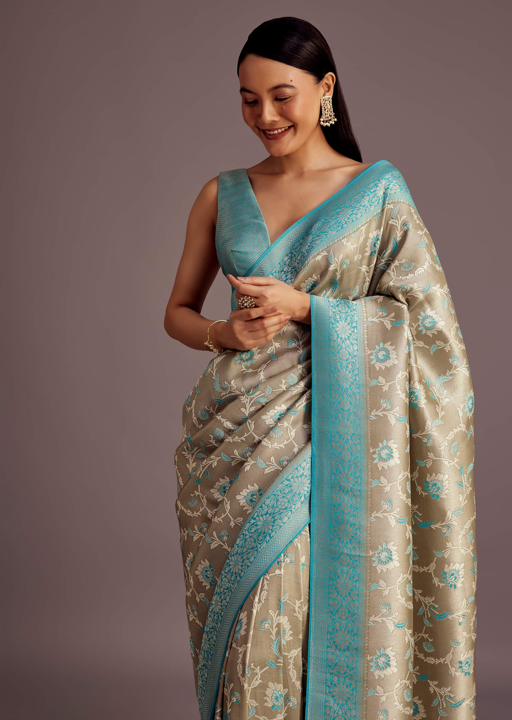 sari grey-tissue-silk-saree-with-floral-jaal-work