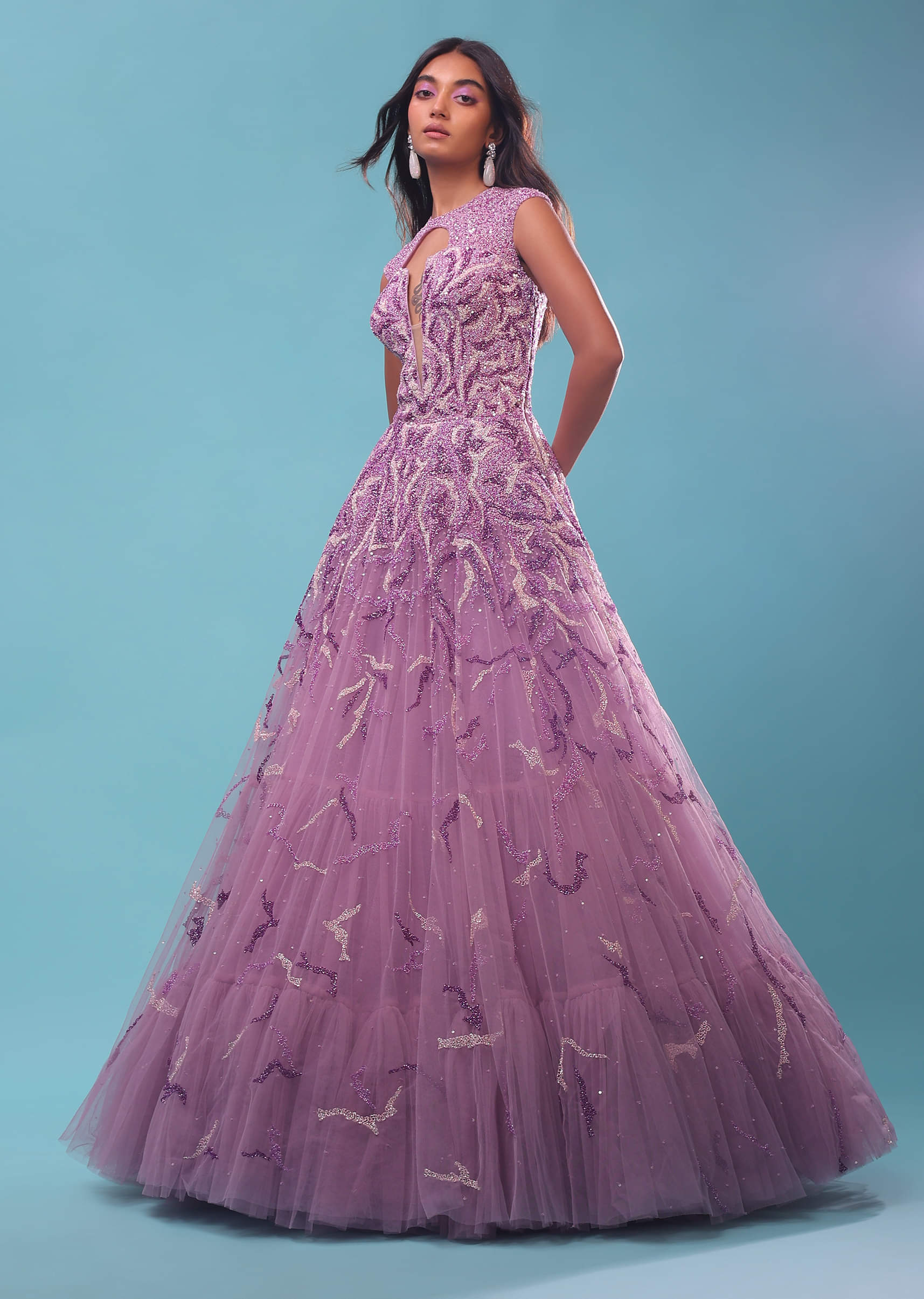 Buy Lavender Purple Gown With Floral Sequins Embroidery
