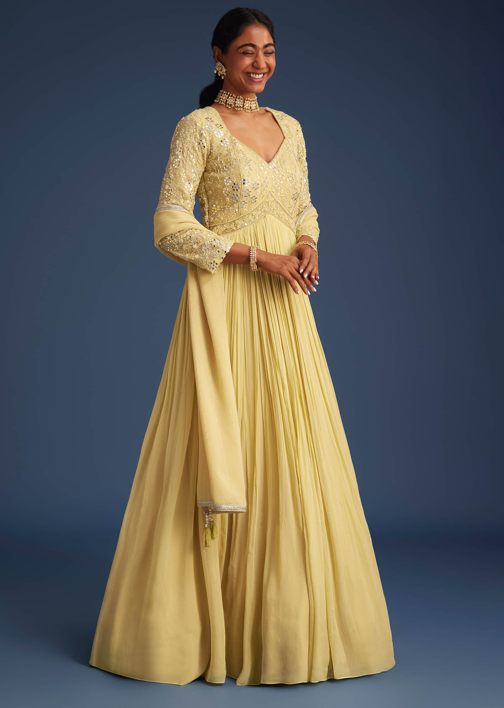 Buy Light Yellow Georgette Anarkali With Mirror And Sequin Work