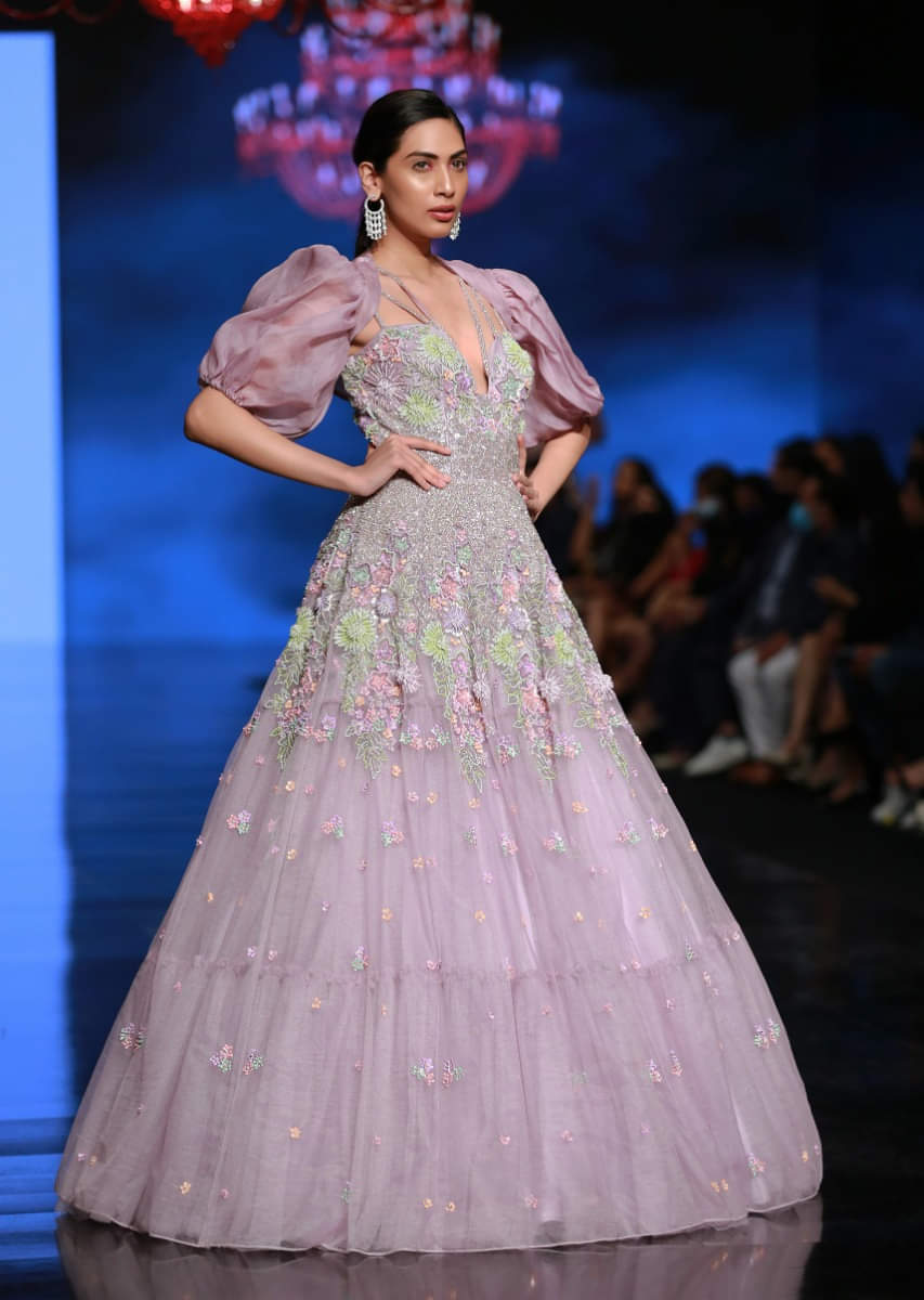 Buy Lilac Mauve Gown In Net With Multi Colored Beads